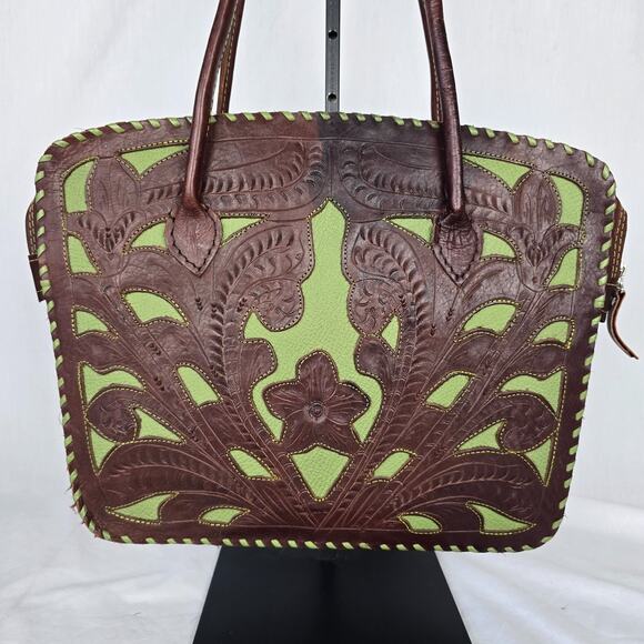 Leaders in Leather Tote Laptop Bag Hand Tooled Cutout Brown Green Paraguay - Picture 4 of 16